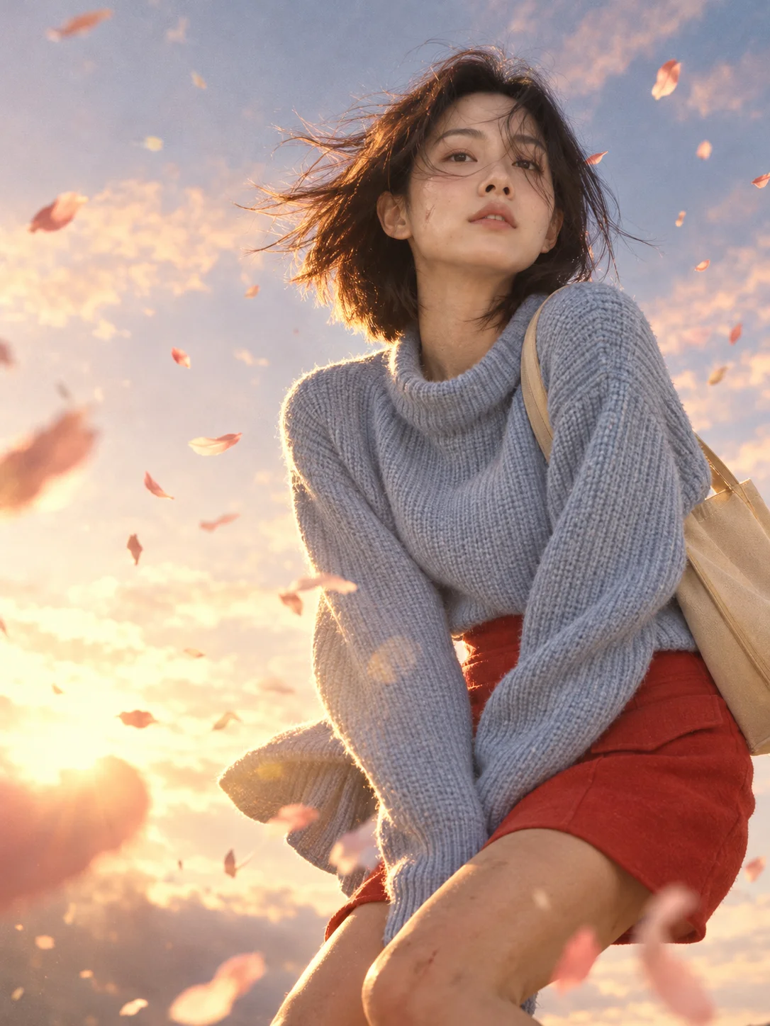 低机位仰拍劫后余生花瓣像（AI 生成）