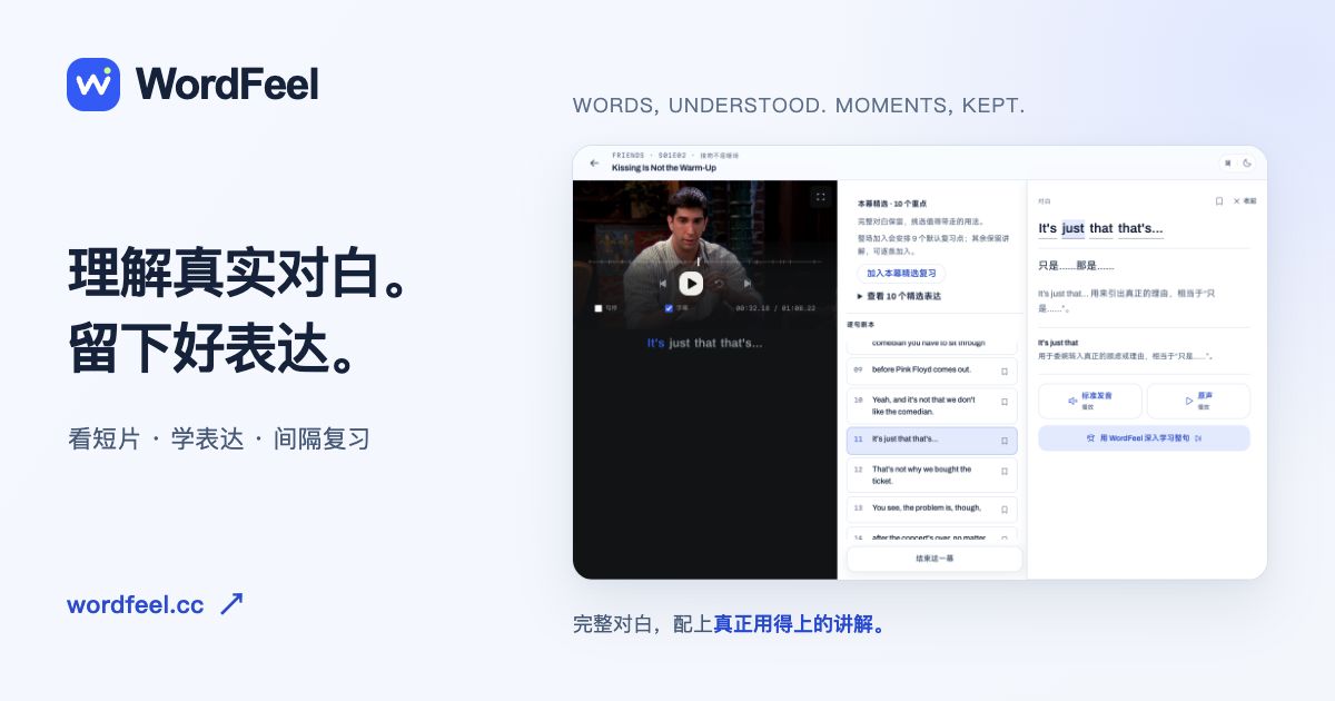 WordFeel 的播放器、逐句剧本与表达讲解界面